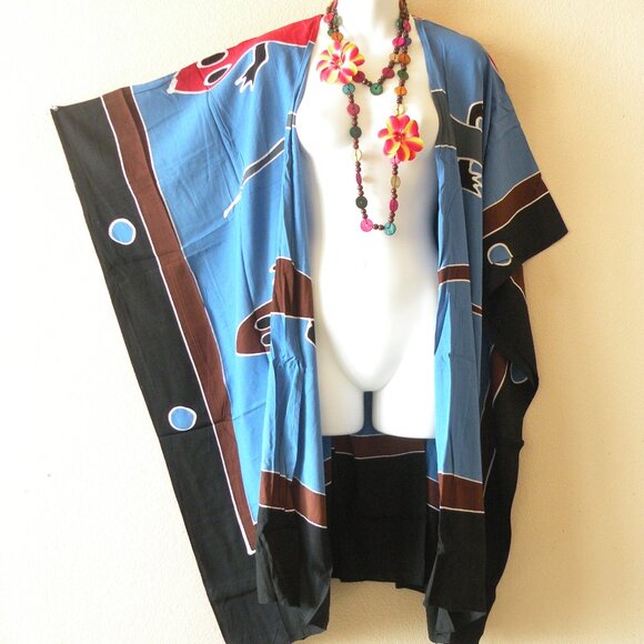 CM43 Gecko Batik Plus 38" Open Hand Painted Cover Up Midi Cardigan fit up to 5X - Picture 1 of 2